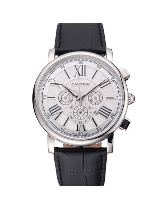Cartier Rotonde Chronograph White Dial Stainless Steel Case Black Leather Strap