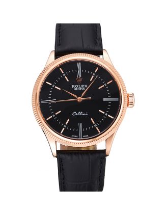Swiss Rolex Cellini Time Rose Gold Case Black Dial Black Leather Bracelet 622656