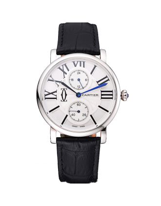 Cartier Ronde Second Time Zone White Dial Stainless Steel Case Black Leather Strap 622798