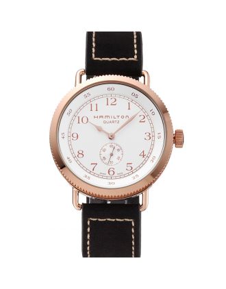 Hamilton Navy Pioneer Small Second White Dial Rose Gold Case Black Leather Strap