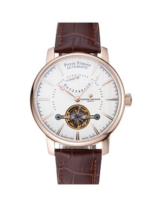 Vacheron Constantin Tourbillion Power Reserve White Dial Gold Case Brown Leather Bracelet 1454274