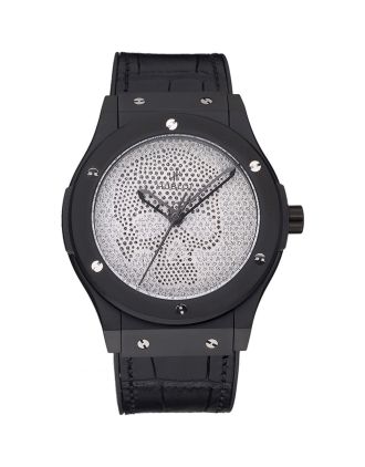 Hublot Classic Fusion Diamond Skull Dial Black Steel Case Black Leather Strap 622815