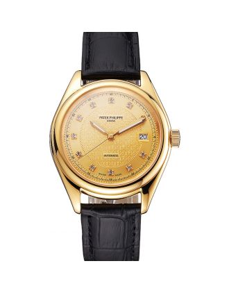 Swiss Patek Philippe Calatrava Gold Dial Diamond Markings Gold Case Black Leather Strap