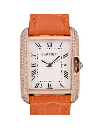 Cartier Tank Anglaise 30mm White Dial Diamonds Gold Case Orange Leather Bracelet
