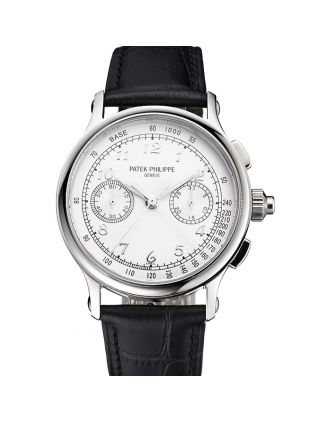 Swiss Patek Philippe Split Seconds Chronograph White Dial Silver Numerals Stainless Steel Case Black Leather Strap
