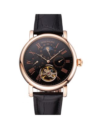 Patek Philippe Grand Complications Moonphase Perpetual Calendar Tourbillon Black Dial Rose Gold Case Black Leather Strap