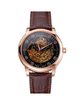 Swiss Patek Philippe Complications Openworked Dial Rose Gold Case Brown Leather Strap