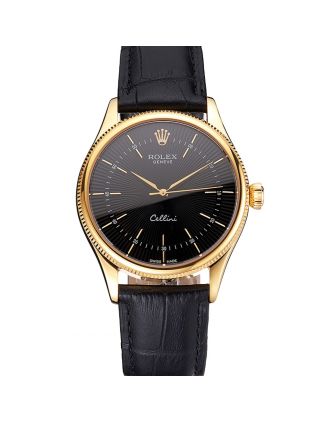 Swiss Rolex Cellini Black Dial Gold Markings Gold Case Black Leather Strap