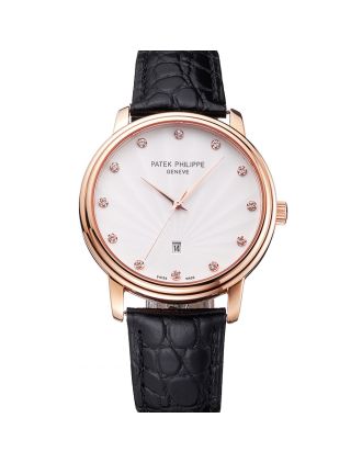 Patek Philippe Calatrava Date White Dial Rose Gold Case Black Leather Strap