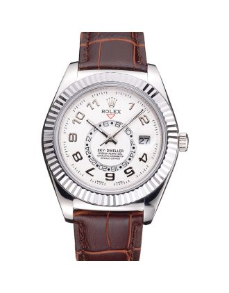 Rolex Sky Dweller White Dial Stainless Steel Case Brown Leather Strap
