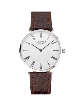 Swiss Longines Grande Classique White Dial Roman Numerals Stainless Steel Case Brown Leather Strap