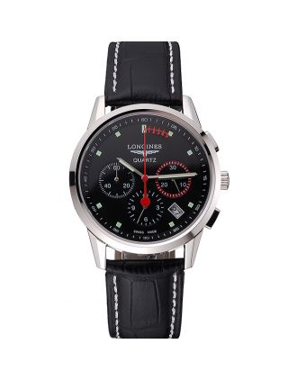 Longines Column Wheel Black Dial Silver Stainless Steel Case Black Leather Strap