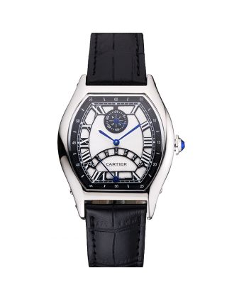 Cartier Tortue Perpetual Calendar White Dial Stainless Steel Case Black Leather Strap
