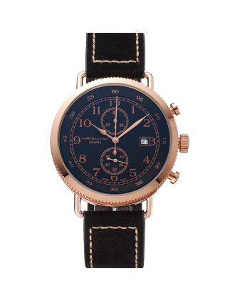 Hamilton Navy Pioneer Chrono Black Dial Rose Gold Case Black Leather Strap