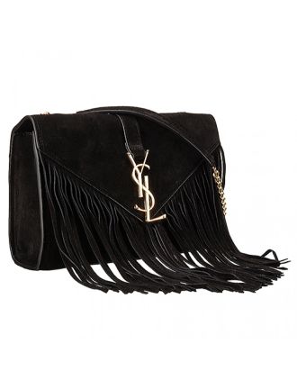 Saint Laurent Medium Fringed Suede Leather Satchel Black