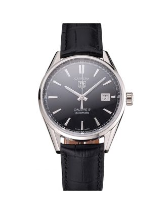 Swiss Tag Heuer Carrera Calibre 5 Black Dial Stainless Steel Case Black Leather Strap