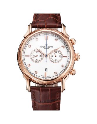 Patek Philippe Chronograph White Dial With Diamonds Rose Gold Case Brown Leather Strap