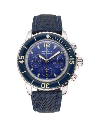 Swiss Blancpain Fifty Fathoms Flyback Chronograph Blue Dial Blue Bezel Stainless Steel Case Blue Canvas Strap