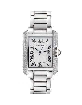 Cartier Tank Anglaise 30mm White Dial Diamonds Steel Case Stainless Steel Bracelet