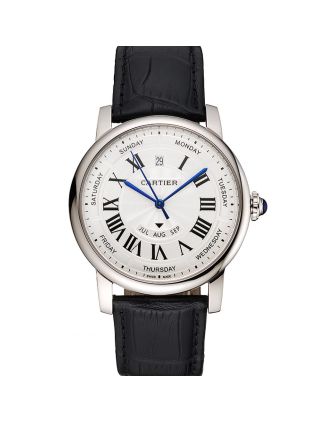 Swiss Cartier Rotonde Annual Calendar White Dial Stainless Steel Case Black Leather Strap