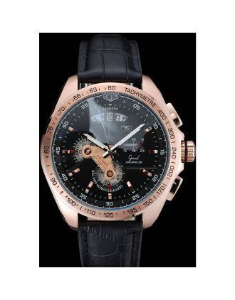 Tag Heuer Carrera Rose Gold Bezel with Black Dial and Black Leather Strap 621538