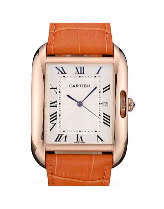 Cartier Tank Anglaise 36mm White Dial Gold Case Orange Leather Bracelet