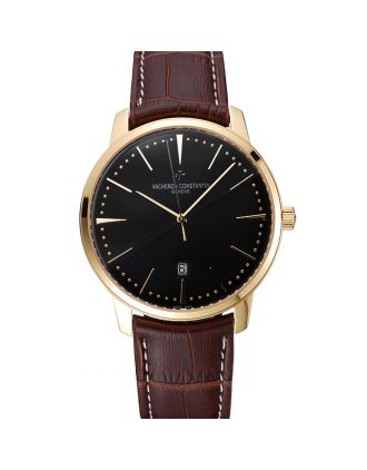 Swiss Vacheron Constantin Patrimony Black Dial Gold Case Brown Leather Bracelet 1454179