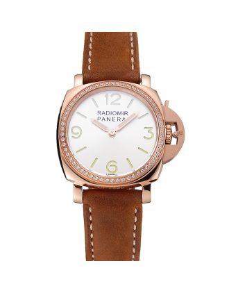 Panerai Radiomir White Dial Diamond Bezel Rose Gold Case Brown Suede Leather Strap 1453799