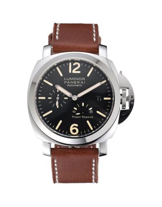 Panerai Luminor Automatic Power Reserve Black Dial Stainless Steel Case Brown Leather Strap
