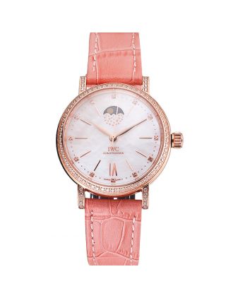 IWC Portofino Moon Phase Silver Dial Rose Gold Case Diamonds Bezel Pink Leather Strap
