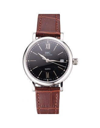 IWC Portofino Black Dial Stainless Steel Case Brown Leather Strap