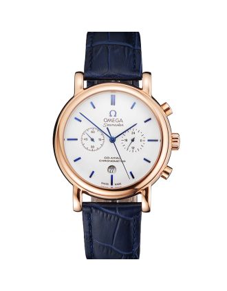Omega Seamaster Vintage Chronograph White Dial Blue Hour Marks Rose Gold Case Blue Leather Strap