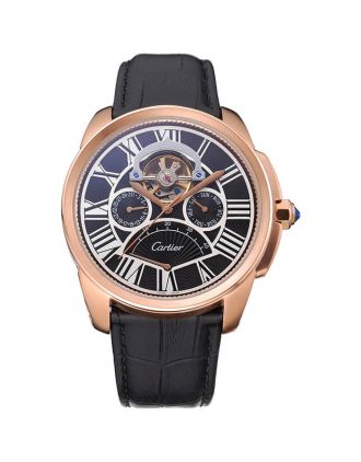 Cartier Calibre Tourbillon Black Dial Gold Case Black Leather Strap 622754