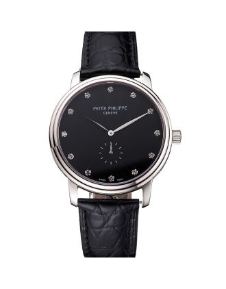 Patek Philippe Calatrava Black Dial Stainless Steel Case Black Leather Strap