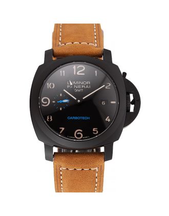 Swiss Panerai Luminor GMT Carbotech Black Dial Black Case Brown Leather Strap