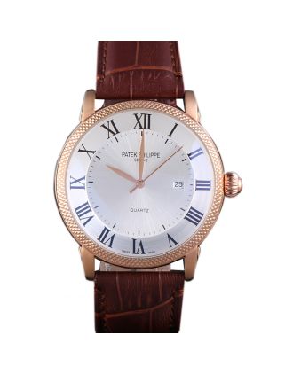 Patek Philipe Calatrava Roze Gold Ribbed Bezel Brown Leather Bracelet 801434