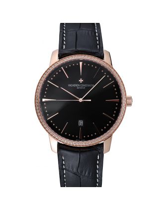 Swiss Vacheron Constantin Patrimony Black Dial Rose Gold Diamonds Case Black Leather Bracelet 1454175