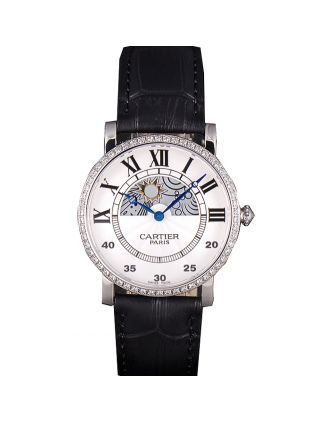 Cartier Moonphase Silver Watch with Black Leather Band ct255 621374