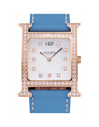 Hermes Heure H Rose Gold Diamond Encrusted Bezel Blue Leather Strap White Dial 80238