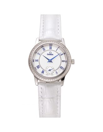 Omega De Ville Prestige Small Seconds White Dial Diamond Bezel Stainless Steel Case White Leather Strap