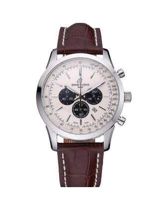 Breitling Transocean Chronograph White Dial Stainless Steel Case Brown Leather Bracelet 622243