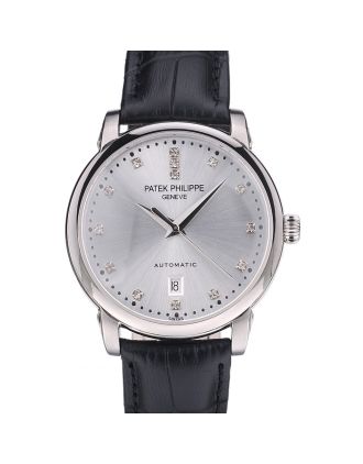 Patek Philippe Swiss Calatrava Polished Bezel Grey Dial Black Leather Strap 7659