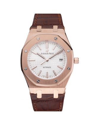 Swiss Audemars Piguet Royal Oak White Dial Gold Case Brown Leather Strap
