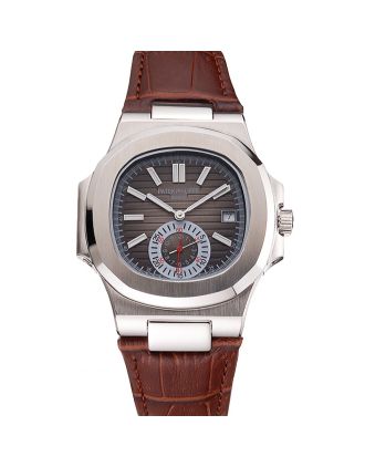 Patek Philippe Nautilus Gray Dial Stainless Steel Case Brown Leather Strap