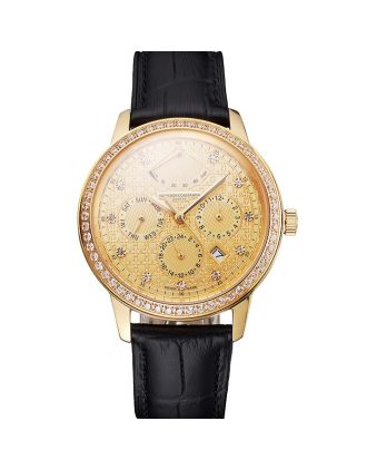 Swiss Vacheron Constantin Traditionnelle Power Reserve Gold Dial And Case Diamond Bezel Black Leather Strap
