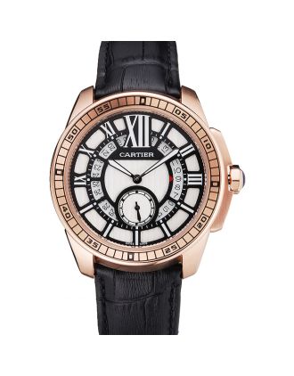 Cartier Calibre De Cartier Small Seconds Black And White Dial Rose Gold Case Black Leather Strap
