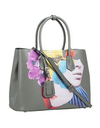 Prada Saffiano Double Tote Collage Print Grey Bag 18927287