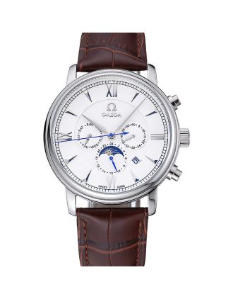 Omega De Ville Moonphase White Dial Silver Case Brown Leather Bracelet 1454226