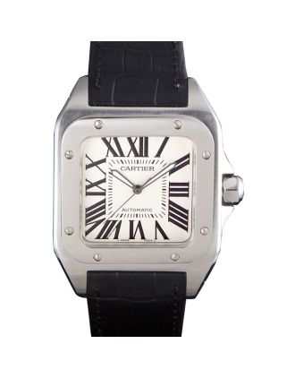 Swiss Cartier Santos Stainless Steel Bezel with Black Leather Strap 621524