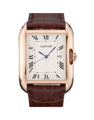 Cartier Tank Anglaise 36mm White Dial Gold Case Brown Leather Bracelet